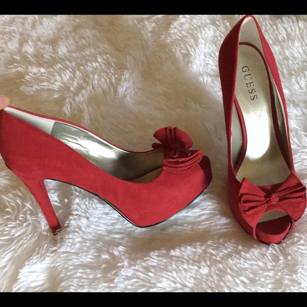 Red Guess peep toe heels